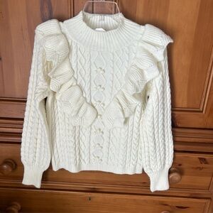 Sadie And Sage Women’s Sz M Ivory Ruffled Cable Knit High Neck Cozy Soft NWT